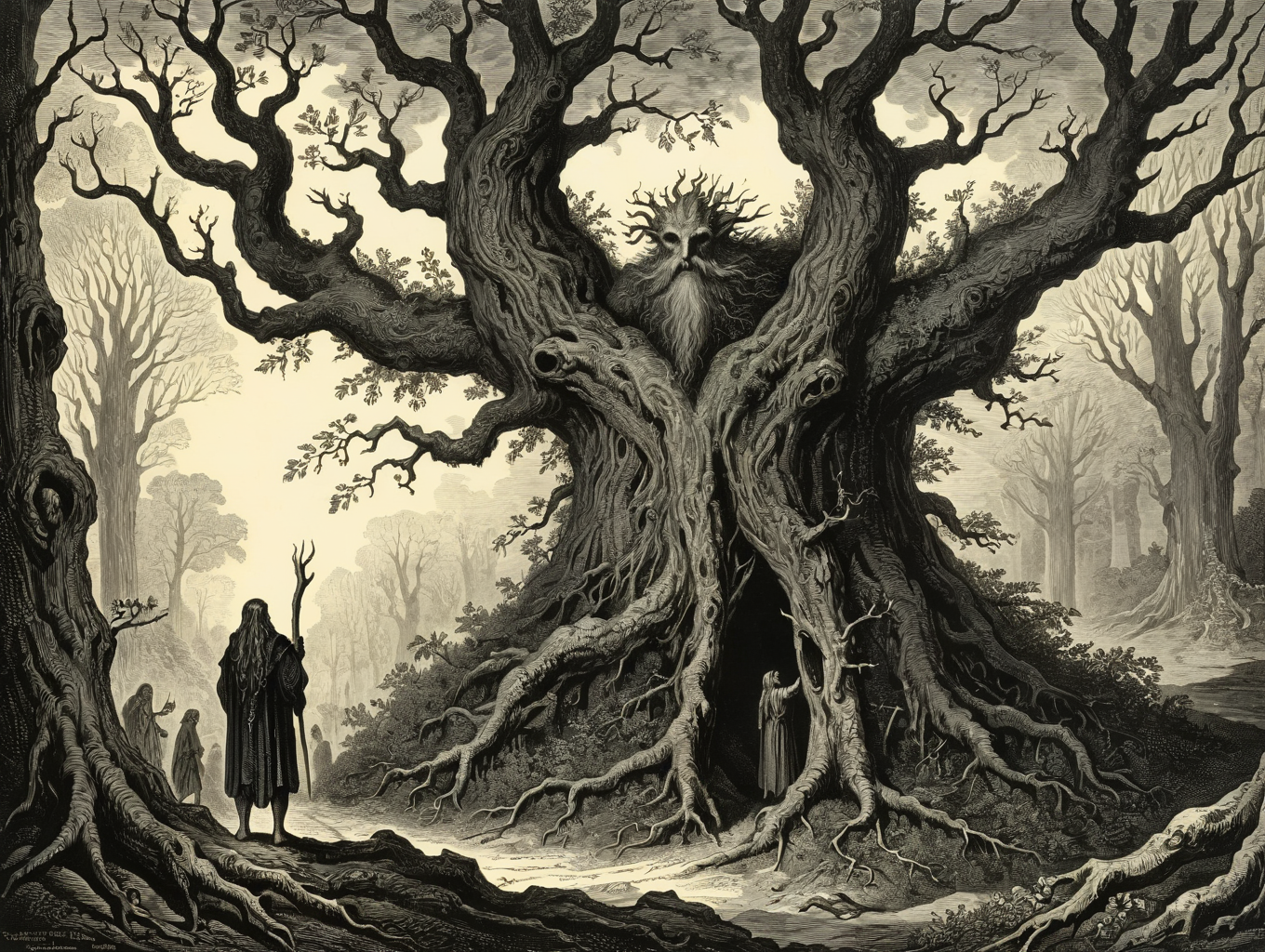 (woodcut illustration:1.2) in detailed gustavedore style, , crisp even lines, high contrast, Tenebrism,
Ents of Fangorn Forest: Treebeard, a massive Ent, carries Merry and Pippin through Fangorn Forest. The ancient and wild forest is alive with creaking boughs and whispering leaves, portraying the Ents as guardians of this mysterious realm., directed by peter jackson
by gustave dore <lora:GustaveDore_StyleXLv6.1:0.5>  <lora:xl_more_art-full_v1:0.25> <lora:add-detail-xl:0.45>