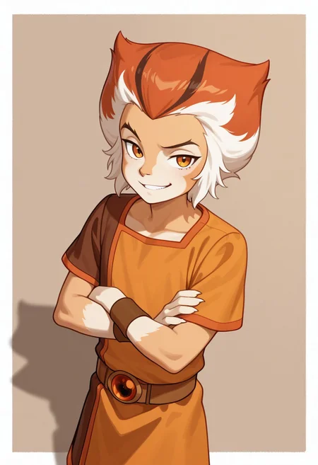 1boy, male focus, cute boy, Wilykat, Two-tone fur, Two-tone hair, orange hair, white hair, black streaks in hair, amber eyes, feline eyes, Two-tone tunic, Orange and brown tunic, wristbands, arms crossed, smug smile, simple background, graphic border, cinematic, intricately detailed illustration, depth of field, masterpiece, best quality, amazing quality, very aesthetic, absurdres, newest, very awa, shadow, dynamic angle, casual cosplay, dynamic pose, action pose