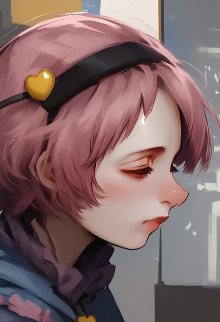 <lora:disco_elysium_v1_pruned:1>, thick outlines, <lora:komeiji_satori_image6571_2023-12-17-000006:1>, painting, painting_\(medium\), painterly, faux traditional media, portrait, artistic, standing in front of window, (mosaic window in background:1.5), side view, (profile view:1.5), facing right, looking ahead, high window, 1girl, solo, touhou, satori, komeiji satori, thin lips, pink hair, short hair, heavy bags under eyes, closed eyes, (eyes closed:1.5), head lowered, black hairband, heart hair ornament,
upper_body, frilled_shirt_collar, long_sleeves, looking at someone, (third eye:1.5), third eye floating, third eye open, bloodshot third eye, third eye staring,
frown, sad mouth,