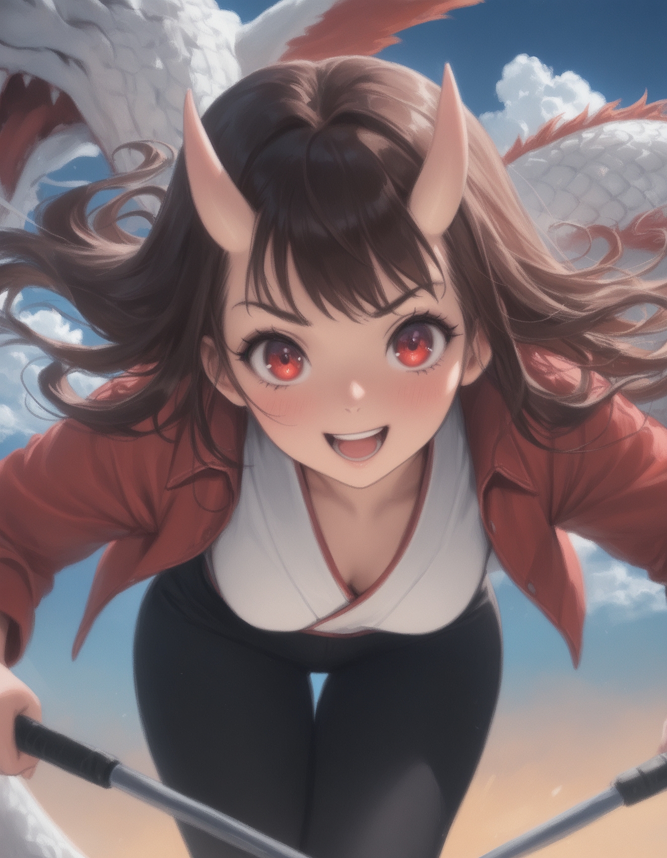 (masterpiece, best quality, highres:1.2), sakimichan_\(style\), 
1girl, dragon, riding, open mouth, red eyes, long hair, sky, cloud, smile, brown hair, looking at viewer, outdoors, day, blush, solo, :d, blue sky, teeth, horns, eastern dragon, japanese clothes, jacket, pants, v-shaped eyebrows, glowing
