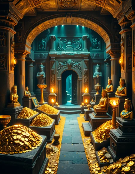 A hidden treasure chamber deep within an ancient temple, illuminated by the warm golden glow of torches and mystical blue light from enchanted crystals. The room is filled with piles of gold coins, jewel-encrusted goblets, and ancient artifacts covered in dust. Massive stone statues of forgotten deities guard the chamber, their eyes glowing faintly as if watching intruders. In the center, a grand pedestal holds a legendary artifact—an ornate golden crown encrusted with emeralds and sapphires, shimmering with an otherworldly aura. The walls are adorned with intricate carvings depicting lost civilizations, and creeping vines hint at centuries of abandonment. The atmosphere is mystical and slightly eerie, with a sense of both wonder and danger. The air is thick with the scent of aged parchment and burning incense, adding to the chamber’s ancient and mysterious feel. Cinematic lighting with dramatic shadows enhances the depth and richness of the scene, creating a visually stunning and immersive environment.
<lora:SDXLFaeTastic2400:0.4> <lora:extremely_detailed:0.4> extremely detailed, <lora:treasure_ch4mb3r:1>,treasure ch4mb3r, Masterpiece,best quality,hi res,8k,hi res,8k,award winning,(sharp focus, intricate, highly detailed),