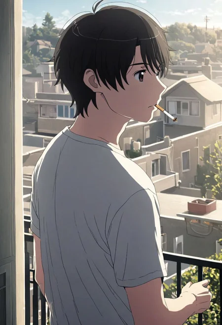 high resolution, solo, best quality, 1Boy, Inaho Kaizuka, Black Hair, Brown Eyes, home balcony, morning, cigarette, coffee, t-shirt, shorts, looking away, OverallDetail