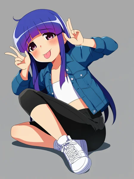 higurashimei, 1girl, furude rika, safe, (child:1.2), solo, blue hair, purple eyes, long hair, blunt bangs, bangs, ((flat_chest)), simple background, grey background, 1girl, solo, brown eyes, black hair, long hair, ahoge, denim jacket, open jacket, white shirt, black shorts, white footwear, sneakers, looking at viewer, sitting, on floor, double v, tongue out, blush, laughing, 
(masterpiece, best quality, absurdres, highres, newest:1.2), very awa, 