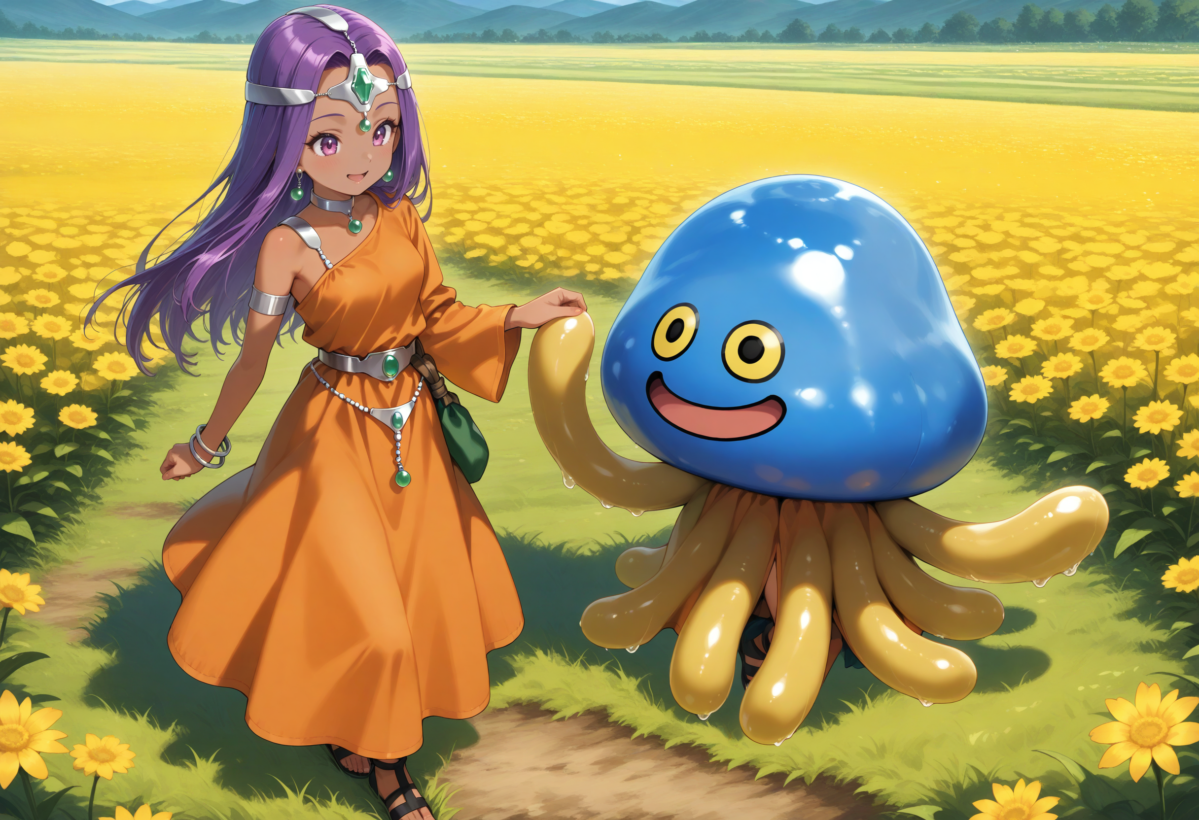 masterpiece,extreme detailed,outdoors,field,full body BREAK hoimin1,2others,no humans,yellow tentacles,:d,slime (creature),blue_skin,<lora:hoimin_(dq)-NAI:1>,smile,
masterpiece,extreme detailed,outdoors,field,full body BREAK 2girls,minea \(dq4\),purple hair,circlet,earrings,choker,bracelet,single sleeve,armlet,orange dress smile,