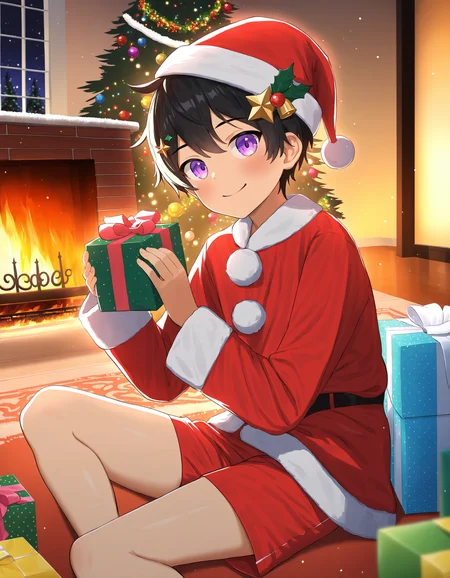 masterpiece, best quality, good quality, luye-style, indoors, night, fireplace, christmas tree, 1boy, solo, black hair, purple eyes, looking at viewer, santa hat, santa costume, red shorts, hair ornament, smile, holding gift <lora:luye-yuan_naXL_v3c-ShoAI:1>