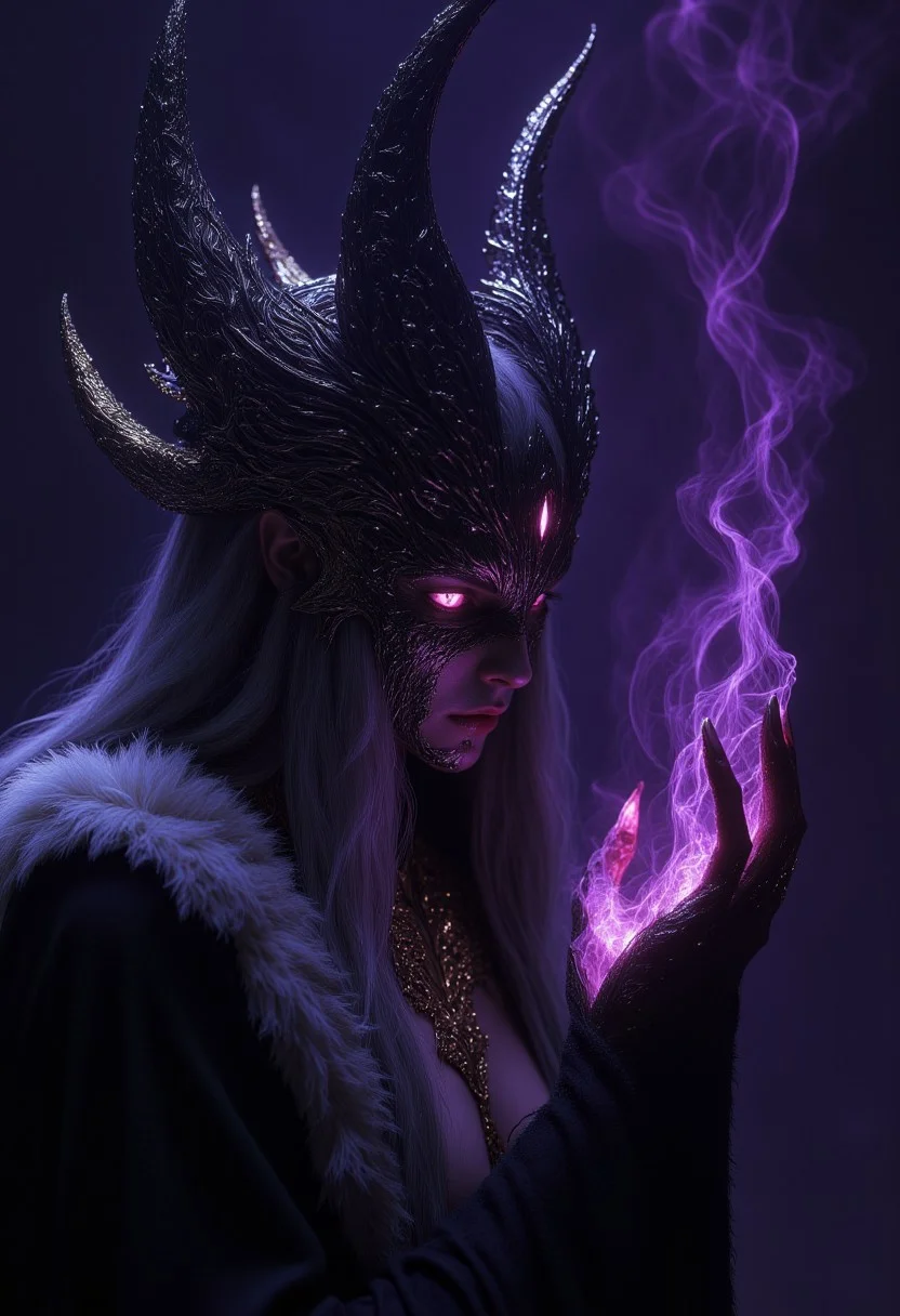 An atmospheric, hyper-realistic,, artwork capturing a evil mysterios saductive witch with dark blue gradient hair. Gothic Blind Mask With horns adorns her head and cover her eyes. She wears a Neck Corset. Mask Gothic Blind Mask With horns adorns her head covered with wings and candles. This seductive tempting witch have alluring lips that creating a contrast between her pale soft delicate white skin and languid dark matte lips. Her porcelain fangs are visible through her evil seductive smile. She looks at the hovering purple energy that floats between her gracefully outstretched dark demonic hand, luring into the darkness. She wears a gold detailed jewelry and black gothic loose dress with white frills. A See through loose white shirt and See through black frills,. Thick shadows and fog envelop her mystical image, merging with her clothes, creating a spiral. A thin, contrasting light falls on her face, illuminating only her slight smile. Only a contrasting background make her look stand out. low saturation, dramatic lighting, soft light framing, high facial contrast, color gel lighting, smooth blurred background, Hyper-realistic digital illustration. The background is a single, deep high-contrast Purple hue. hkevil, aidmaMJ6.1