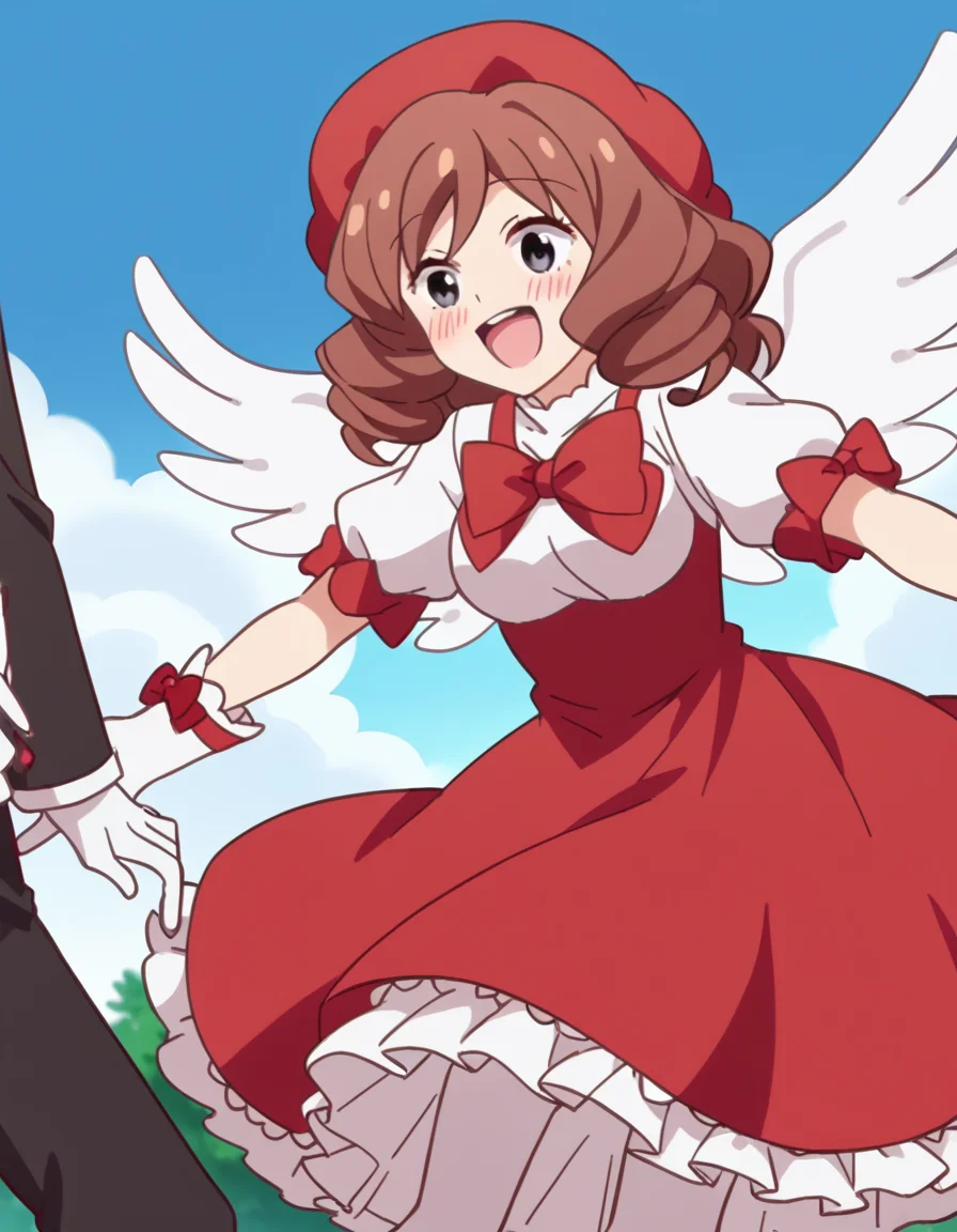 score_9, score_8_up, score_7_up, source_anime, <lora:kazuko-hosogawa-s1-ponyxl-lora-nochekaiser:1>, kazuko hosogawa, brown hair, grey eyes, drill hair, medium breasts, anime screencap, <lora:sakura-kinomoto-cosplay-ponyxl-lora-nochekaiser:1>, sakurakinomotocosplay, kinomoto sakura (cosplay), bow, bowtie, dress, gloves, hat, magical girl, pantyhose, petticoat, ppuffy short sleeves, puffy sleeves, red bow, red bowtie, red dress, red hat, short sleeves, white gloves, white pantyhose, white wings, wings,, outdoors, open mouth, blush, smile, flying, , dutch angle, cowboy shot