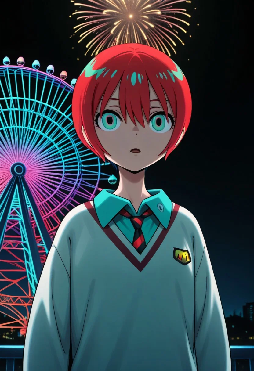 lazypos, dynamic angle, anime,
1girl, gundam_gquuuuuux_amate_yuzuriha, red hair, short hair, hair between eyes, green eyes, school uniform,
stare, open mouth, night, dark, fractamgle fireworks, Fractangles shirt, made out of fractangles, fractangles background, dark background, dark, night, Ferris wheel made out of fractangles,