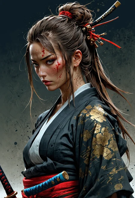 samurai woman, grim dark, bloody, wearing a kimono, long hair, ponytail, holding a sword, looking at viewer, perfect anatomy, approaching perfection, dynamic, highly detailed, smooth, sharp focus, art by Carne Griffiths and Wadim Kashin, trending on artstation, sharp focus, intricate details, highly detailed, by greg rutkowski, mysterious, epic, cinematic, digital art, 4k, <lora:EpicF4nta5yXL:0.8>