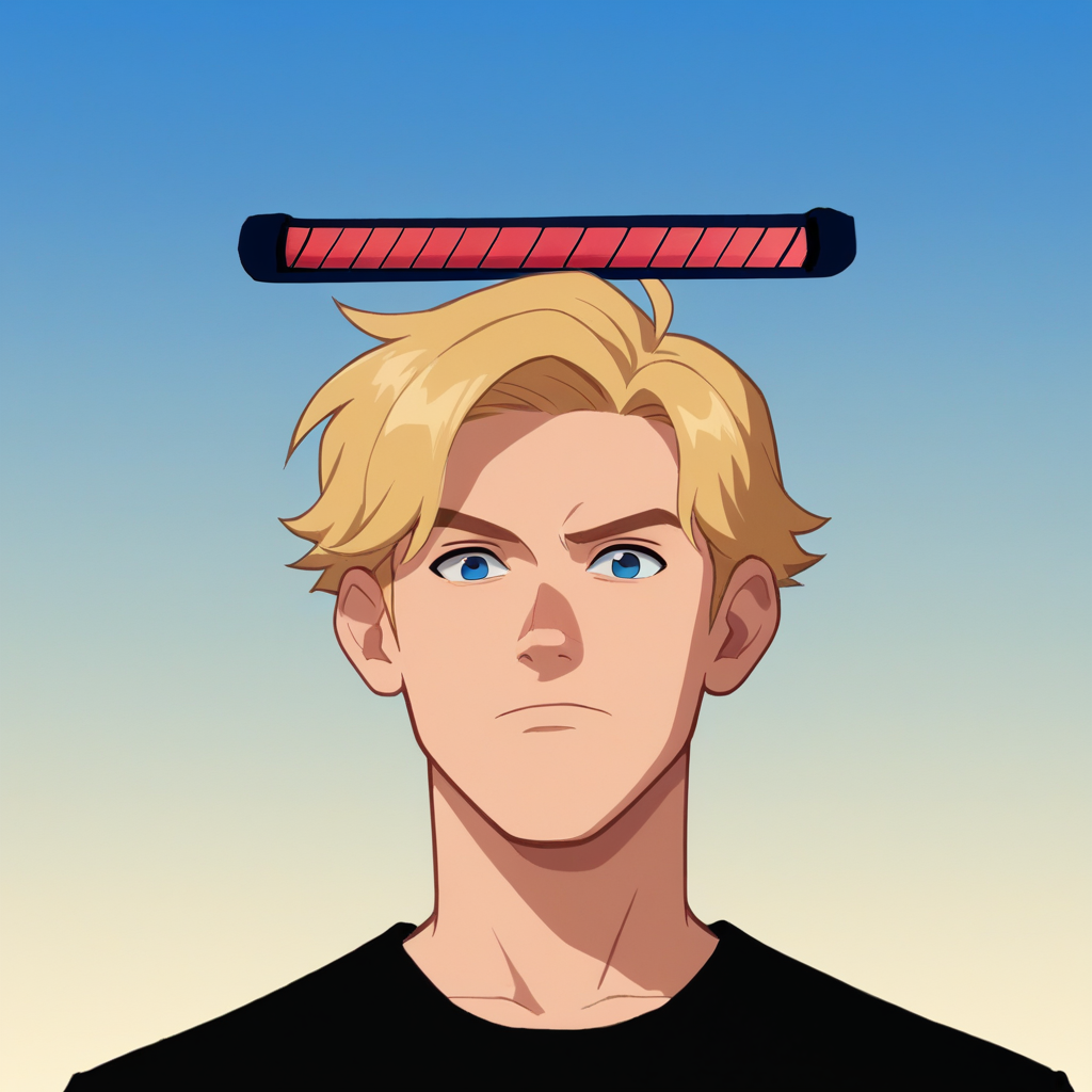 score_8_up, BREAK, 1boy, solo, blonde hair, blue eyes, black shirt, upper body, gradient background, HealthBar, Health Bar,  <lora:RedHealthBar_PXL_Leaf1:1>