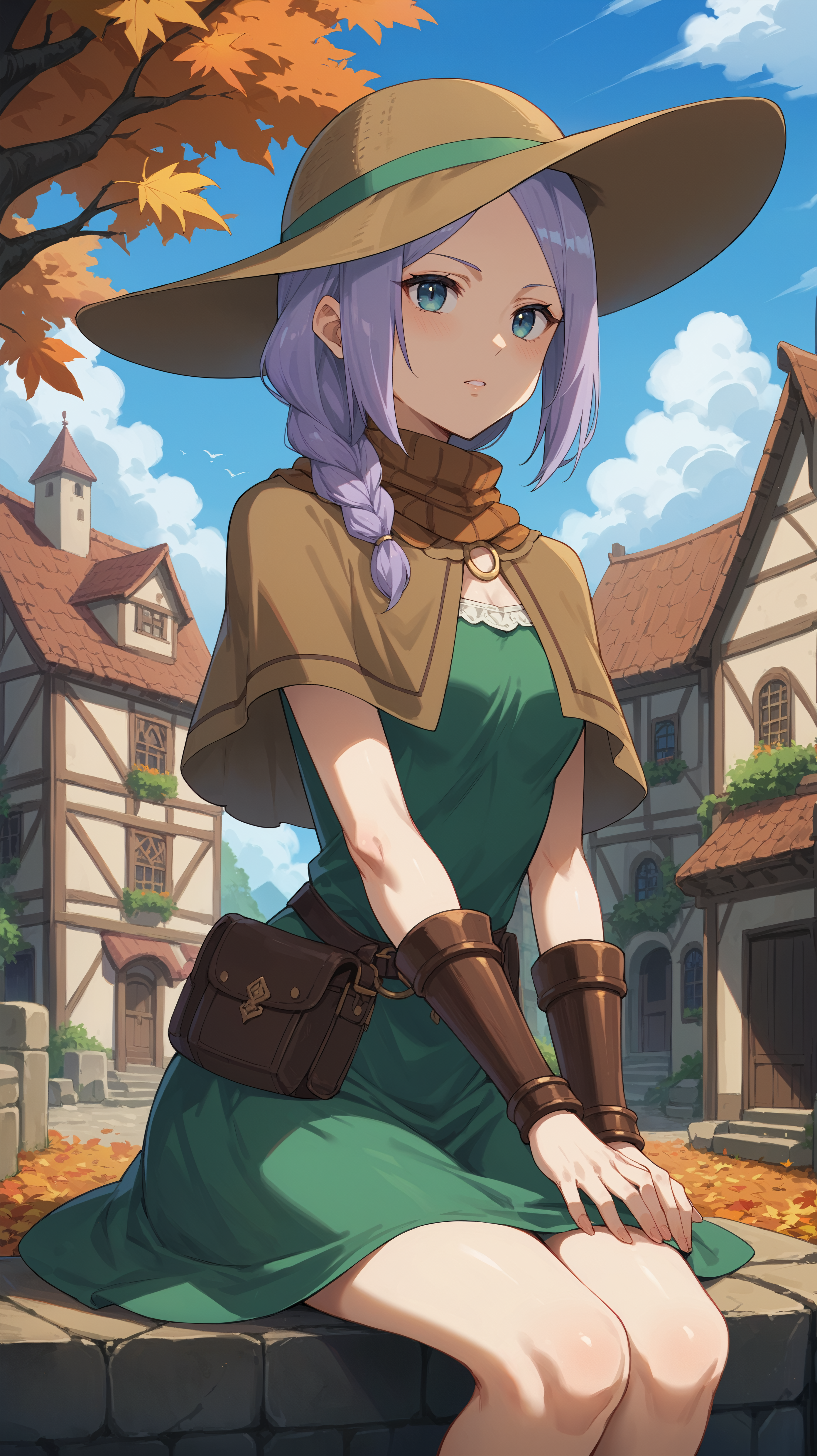 score_9,score_8_up,score_7_up,score_6_up, <lora:xl_more_art-full_v1:0.5>, source_anime, girl, dynamic pose, sitting with hands around her ankles, <lora:Laura Latour - Pony-000004:0.9>, purple hair, braid, parted hair, blue eyes, green sunhat, brown scarf, brown capelet, green dress, brown skirt, bracers, village, autumn, blue sky,