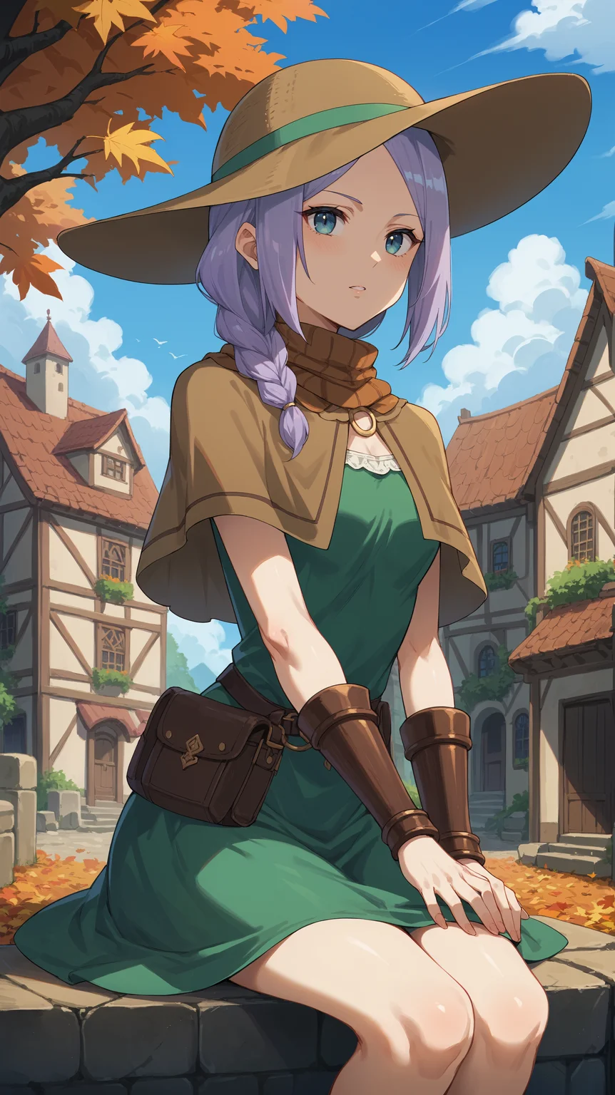 score_9,score_8_up,score_7_up,score_6_up, <lora:xl_more_art-full_v1:0.5>, source_anime, girl, dynamic pose, sitting with hands around her ankles, <lora:Laura Latour - Pony-000004:0.9>, purple hair, braid, parted hair, blue eyes, green sunhat, brown scarf, brown capelet, green dress, brown skirt, bracers, village, autumn, blue sky,