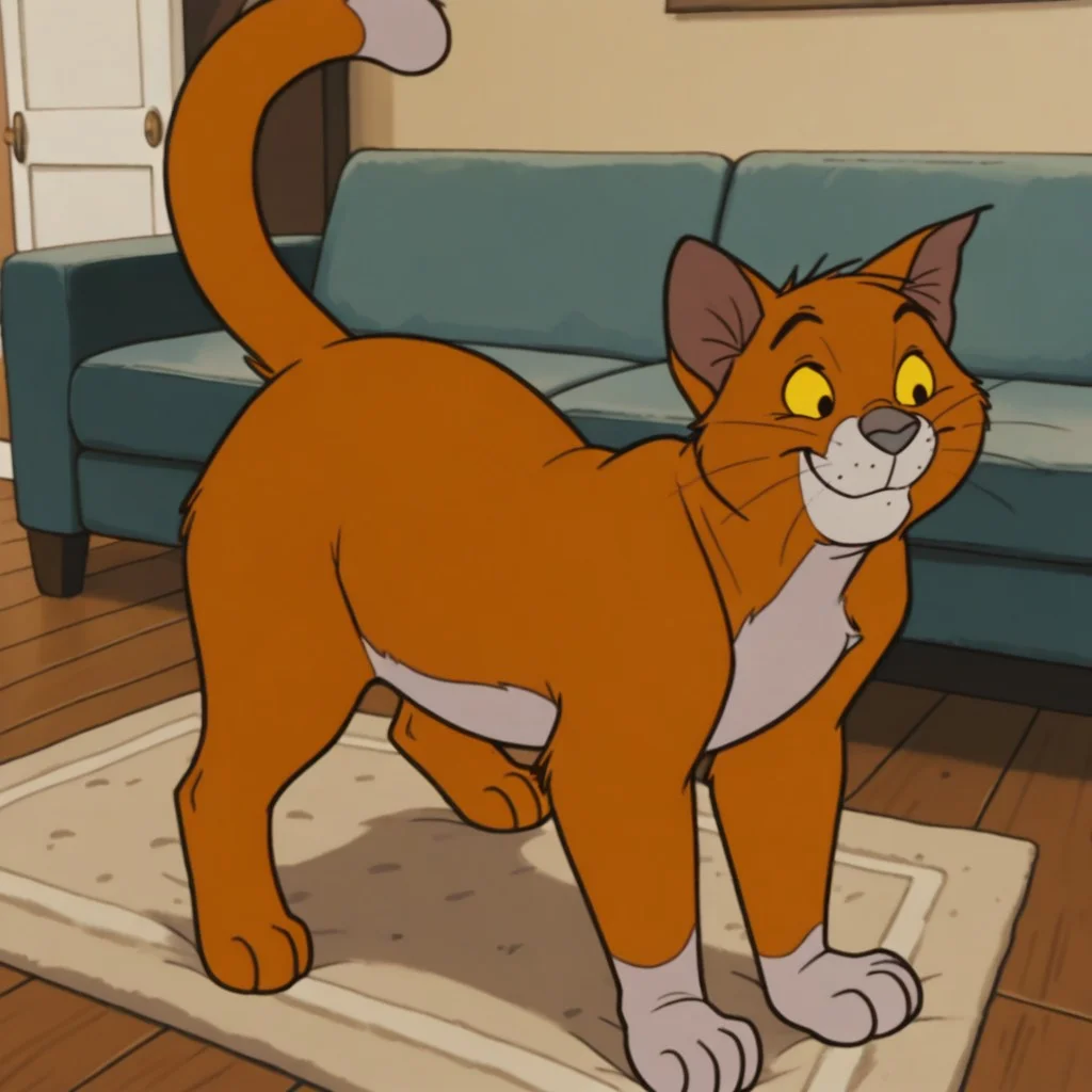 masterpiece, best quality, amazing quality, official artstyle,  t0momall3y, male, furry male, feral, solo, cat, orange fur, two-tone fur, yellow sclera, black eyes, grey nose, whiskers, ear tufts, tail, all fours, smile, indoors, living room