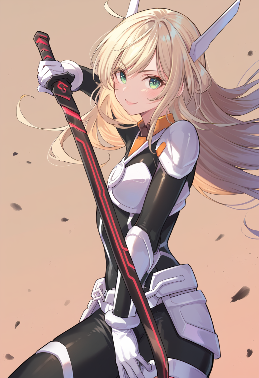(score_9:0.9),score_8_up,score_7_up,rating:explicit,anime_style,(zPDXL),<lora:Sky striker ace - raye ponyXL v4.1:0.9>,sky striker ace - raye,battle bodysuit,armor gloves,headgear,breastplate,armor skirt,holding black katana,1girl,solo,looking at viewer,upper body,light smile,weapon,