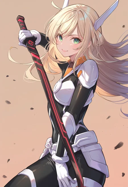 (score_9:0.9),score_8_up,score_7_up,rating:explicit,anime_style,(zPDXL),<lora:Sky striker ace - raye ponyXL v4.1:0.9>,sky striker ace - raye,battle bodysuit,armor gloves,headgear,breastplate,armor skirt,holding black katana,1girl,solo,looking at viewer,upper body,light smile,weapon,