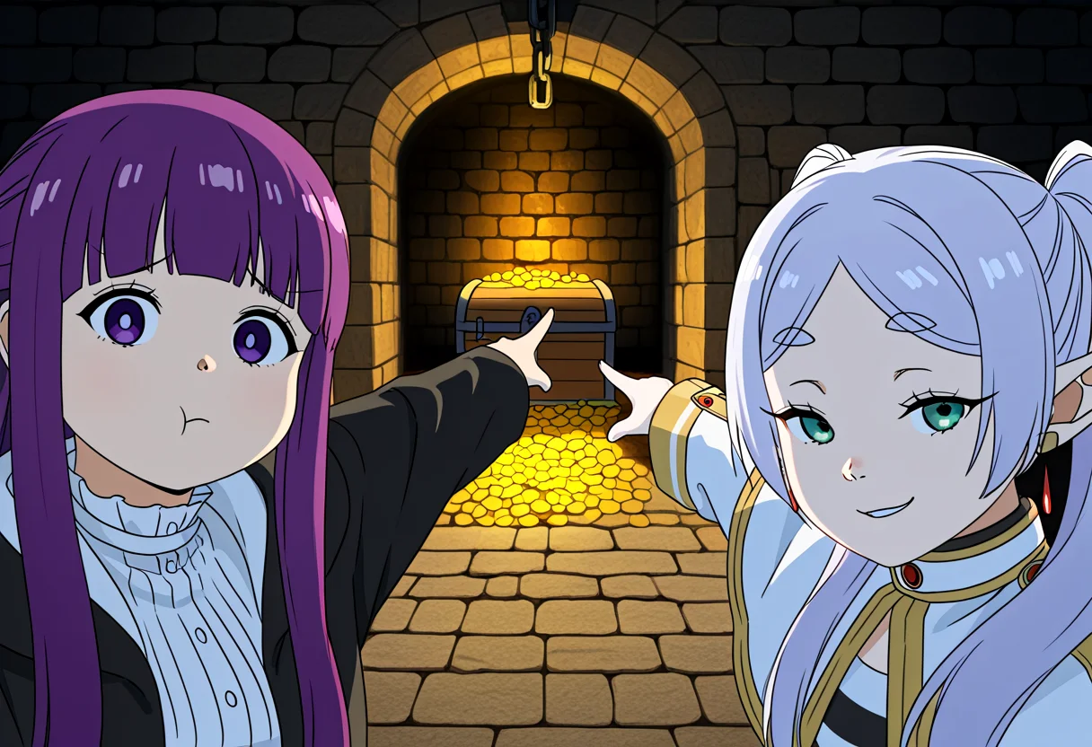 (masterpiece, high quality, amazing detail), highres, two_soyjaks_pointing_(meme), looking at viewer, 2girls, standing, dungeon,
BREAK
fern \(sousou no frieren\), close mouth, :t,
BREAK
treasure chest,
BREAK
frieren, pointy ear, smirk, poiting,
<lora:two_soyjaks_pointing_meme:1>