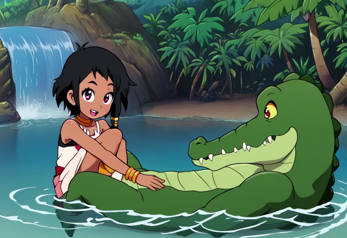 Tick tock crocodile,male animal focus,tail, crocodile , crocodile mouth open,smile ,green skin, blue eyes, Tick Tock the crocodile is giant and very huge size,teeth, crocodile swimming and submerged in the water,Tick Tock the crocodile looking Choi_mochimazzi,Choi_mochimazzi an anime girl, 1girl, looking at viewer, smile, short hair, Choi_mochimazzi sitting down on the the rock,Choi_mochimazzi IS her very little size. Base - choim, short hair, black hair, red eyes, dark-skinned female,purple eyes, Base Outfit - dress, jewelry, dark skin, necklace, bracelet, wristband, neck ring, anklet, barefoot,river,palm trees, jungle, tropical _island,village, temple,Disney, waterfall,retro_anime, manga,tamako_market