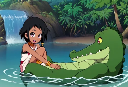 Tick tock crocodile,male animal focus,tail, crocodile , crocodile mouth open,smile ,green skin, blue eyes, Tick Tock the crocodile is giant and very huge size,teeth, crocodile swimming and submerged in the water,Tick Tock the crocodile looking Choi_mochimazzi,Choi_mochimazzi an anime girl, 1girl, looking at viewer, smile, short hair, Choi_mochimazzi sitting down on the the rock,Choi_mochimazzi IS her very little size. Base - choim, short hair, black hair, red eyes, dark-skinned female,purple eyes, Base Outfit - dress, jewelry, dark skin, necklace, bracelet, wristband, neck ring, anklet, barefoot,river,palm trees, jungle, tropical _island,village, temple,Disney, waterfall,retro_anime, manga,tamako_market
