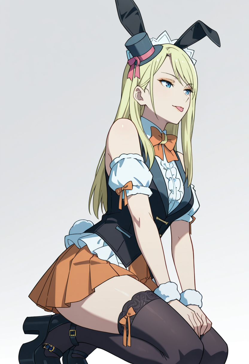 Smooth Quality,masterpiece,very intricate, high quality details, ultra realistic, high detailed skin,detailed enviorement,absurdres,
 <lora:Moonbeams_Manager_CNR:0.7> moonbear_cnr, 1girl,blonde hair, long hair, blue eyes,rabbit ears, fake animal ears, bare shoulders, makeup, lipstick, mini top hat, black vest, shirt,puffy short sleeves, detached sleeves, wrist cuffs,orange pleated skirt, black thighhighs, frills,bowtie, platform footwear,, simple background, white background, from below,solo,
kneeling on floor, thighs together, hands resting on lap, spine straight  ,, :p,