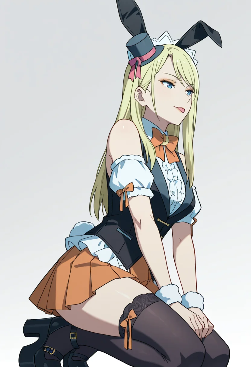 Smooth Quality,masterpiece,very intricate, high quality details, ultra realistic, high detailed skin,detailed enviorement,absurdres,
 <lora:Moonbeams_Manager_CNR:0.7> moonbear_cnr, 1girl,blonde hair, long hair, blue eyes,rabbit ears, fake animal ears, bare shoulders, makeup, lipstick, mini top hat, black vest, shirt,puffy short sleeves, detached sleeves, wrist cuffs,orange pleated skirt, black thighhighs, frills,bowtie, platform footwear,, simple background, white background, from below,solo,
kneeling on floor, thighs together, hands resting on lap, spine straight  ,, :p,