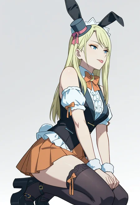 Smooth Quality,masterpiece,very intricate, high quality details, ultra realistic, high detailed skin,detailed enviorement,absurdres,
 <lora:Moonbeams_Manager_CNR:0.7> moonbear_cnr, 1girl,blonde hair, long hair, blue eyes,rabbit ears, fake animal ears, bare shoulders, makeup, lipstick, mini top hat, black vest, shirt,puffy short sleeves, detached sleeves, wrist cuffs,orange pleated skirt, black thighhighs, frills,bowtie, platform footwear,, simple background, white background, from below,solo,
kneeling on floor, thighs together, hands resting on lap, spine straight  ,, :p,