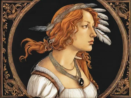 Simonetta Vespucci, Botticelli style, 1girl, solo, long hair, breasts, simple background, hair ornament, cleavage, brown eyes, jewelry, upper body, necklace, orange hair, profile, traditional media, feathers, black background<lora:botticelli-SDXL:0.5>