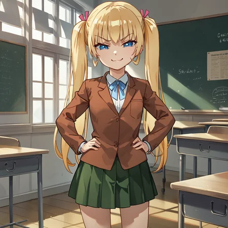 score_9, score_8_up, score_7_up, score_6_up, BREAK,
mao_asakura, solo, blonde, twintails, very long hair, solo, smug, hands on hips, brown jacket, green skirt, classroom, BREAK,
<lora:Mao_Asakura_Futabu_-_low_dim:1>