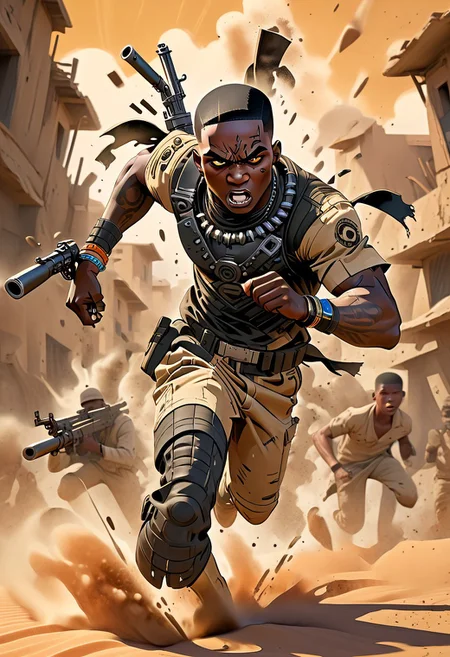 chibi,(black skin,) sand-colored torn T-shirt, (machine gun),
shamanic tattoos on the body,
action pose, run,
angry,
desert, sand, day, ruin, african hit,
BREN Mk1 Light Machine Gun,
(hands on machine gun),
African chibi man run with machine gun, (((black skin))), African, ((( anarexic body))), pear-shaped face, short neck, long arms, broad shoulders, Fleshy nose, Low Forehead, Bold Tapered black Eyebrows, African shamanic tattoos,
(graphic novel style, dark novel style),(anime),(masterpiece:1.4), (colourful, soft cinematic light:1.1), incredibly lifelike, Extremely high-resolution details, 8k, best quality, extremely detailed, contrast,