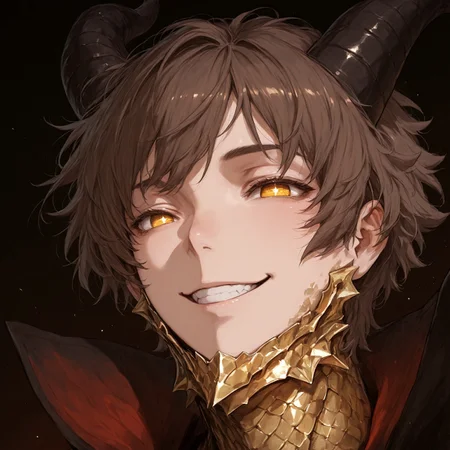 Very Aesthetic, masterpiece, best quality, very awa, Avarice, painterly, 1boy, short hair, draconic horns, half dragon, portrait, golden eyes, shiny eyes, no pupils, handsome, brown hair, golden scales, smiling, happy, glimmering,