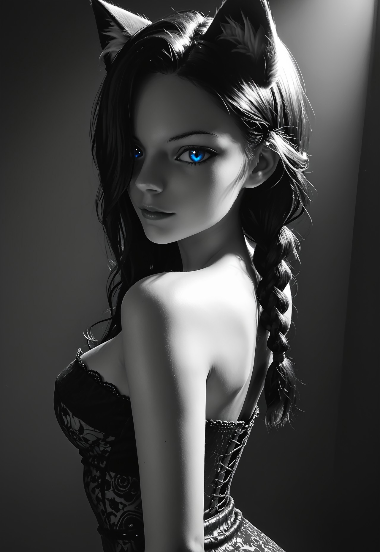 score_9, score_8_up, score_7_up, source_photo, Ultra detailed, dark theme, dim lighting, black theme, dark room, monochrome,
dark lit bedroom, low lighting, shadows, black hair, long hair, french braids, lilykat, cat ears, animal ear fluff, bangs over one eye, non monochrome blue eyes, colored eyes, thin eyebrows, perfect face, sexy, sexy girl, beautiful eyes, glossy lips, medium perky breasts, dark lace strapless pencil dress, arms behind back, side view, from above, close up