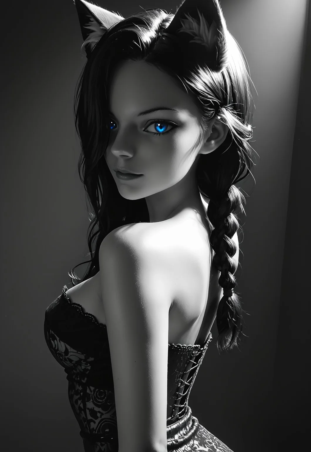 score_9, score_8_up, score_7_up, source_photo, Ultra detailed, dark theme, dim lighting, black theme, dark room, monochrome,
dark lit bedroom, low lighting, shadows, black hair, long hair, french braids, lilykat, cat ears, animal ear fluff, bangs over one eye, non monochrome blue eyes, colored eyes, thin eyebrows, perfect face, sexy, sexy girl, beautiful eyes, glossy lips, medium perky breasts, dark lace strapless pencil dress, arms behind back, side view, from above, close up