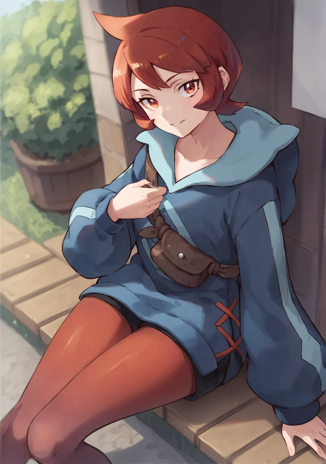 score_8_up, score_7_up, score_6_up, score_5_up, score_4_up, anime screenshot
<lora:Arezu (Autism SDXL)-000009:0.8> 1girl, solo, arezu_(pokemon), short_hair, red_hair, red_eyes, cowlick
upper body, looking at viewer, sitting, sidewalk, diamond clan outfit, blue hoodie, black shorts, red pantyhose,