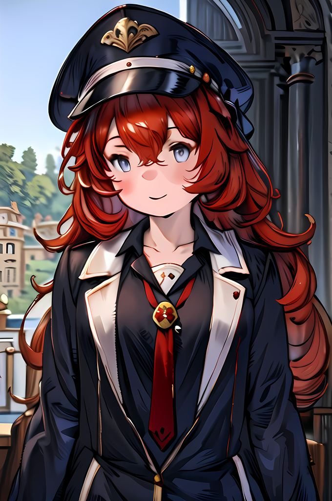 score_9, score_8, score_7, solo, 1girl, halo, puple halo, Iroha \(Blue Archive\), long hair, red hair, looking at viewer, grey eyes, blush, very long hair, hair between eyes, long sleeves, shirt, jacket, hat, peaked cap, necktie, black headwear, military hat, military, black shirt, wavy hair, red necktie smile, grin, cowboy shot, <lora:pony\char\game\ba\Iroha_Pony-10.safetensors>, <lora:styles\Granblue_Fantasy_Character_Art_Style_v2.safetensors>, <lora:styles\Akihiko_Yoshida_Chibi_Style_v2.1.safetensors>, <checkpoint:[Pony] prefectPonyXL_v10.safetensors>, <checkpoint:[SD15] aamAnyloraAnimeMixAnime_v1.safetensors>