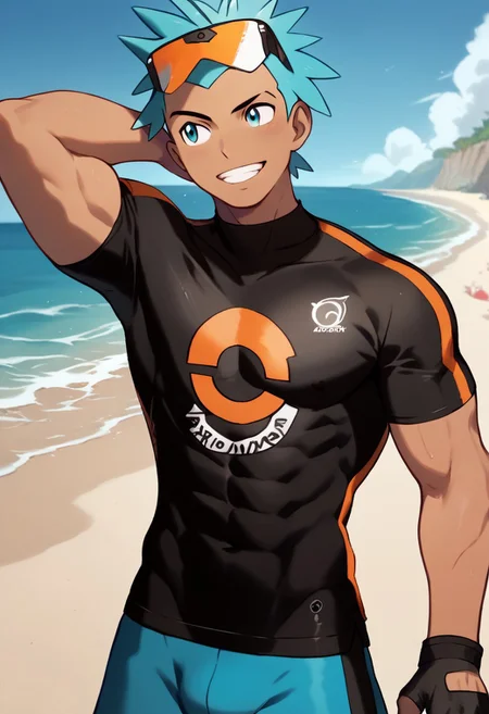 txt2img
score_9, score_8_up, score_7_up, source_anime, highly detailed, male focus, 1boy, standing, looking away, smiling, beach background, muscular, teeth, one hand behind head
POKEMON_Brawly, tan skin, blue hair, blue eyes, orange eyewear, eyewear on head, 
black shirt with orange accents, blue shorts, black fingerless gloves with orange accents, tight shirt
pokemon