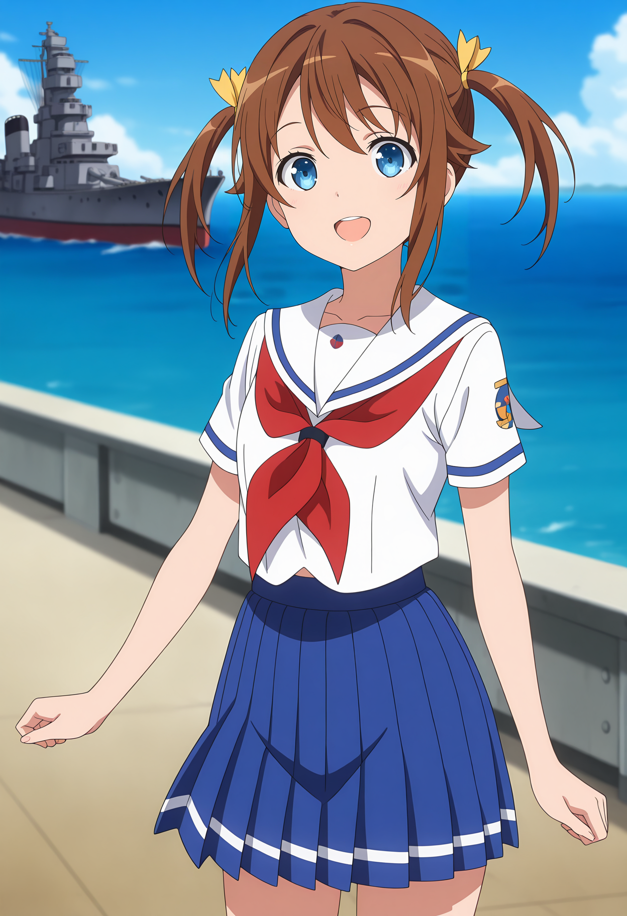 anime screencap, masterpiece, best quality,
<lora:HighSchoolFleet_MisakiAkeno_IlluXL:0.9>,
1girl, solo, open mouth, smile,
short twintails, brown hair, blue eyes, hair ribbon, yellow ribbon,
white sailor collar, white shirt, red neckerchief, short sleeves, pleated skirt, blue skirt,
standing, looking at viewer, cowboy shot,
horizon, dock, outdoors, battleship, warship, blue sky, blurry background