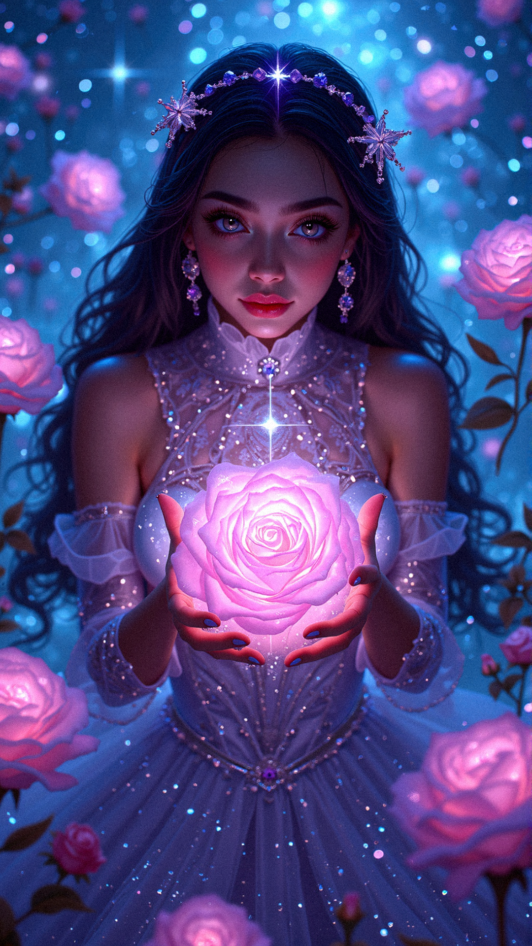 A celestial being, adorned in a gown of shimmering star-dust and ethereal light. The rose glows with hues of amethyst, sapphire, and icy white, refracting the surrounding starlight into a symphony of colors. Her glowing violet eyes emit a radiant, otherworldly energy, illuminating the scene. The setting is an endless starfield filled with floating, luminous roses of varying sizes, their petals made of translucent crystal. Streams of cosmic energy weave between the flowers, creating a dreamlike ambiance, while her flowing hair dances with trails of sparkling light.Hands delicately cupping the glowing flower.Soft smirk with an enchanting close-up gaze.





Extreme emphasize on photorealistic, realistic detail, realistic reflection detail and realistic background detail. 















