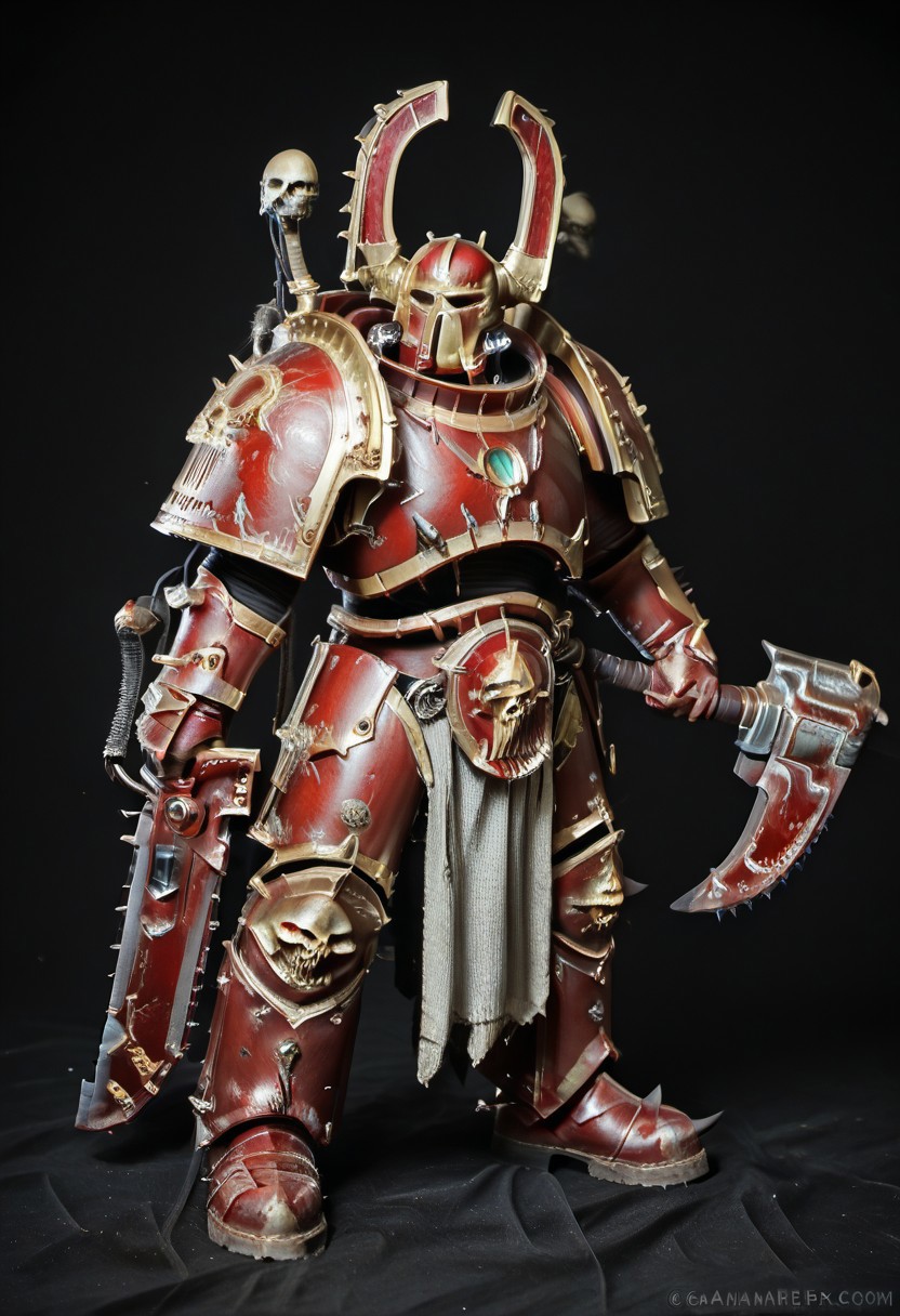 Score_9_up, absurdres, Source: GamesWorkshop, best quality, expressive eyes, perfect face, space marine, World Eaters Traitor Astartes Chapter Exalted Eightbound Berserker holding a chainsword, red armor, spiked horned astartes helmet, full body, volumetric lighting project unreal engine, mantisdetailerse, <lora:warhammerAdeptus_v1:0.7>,