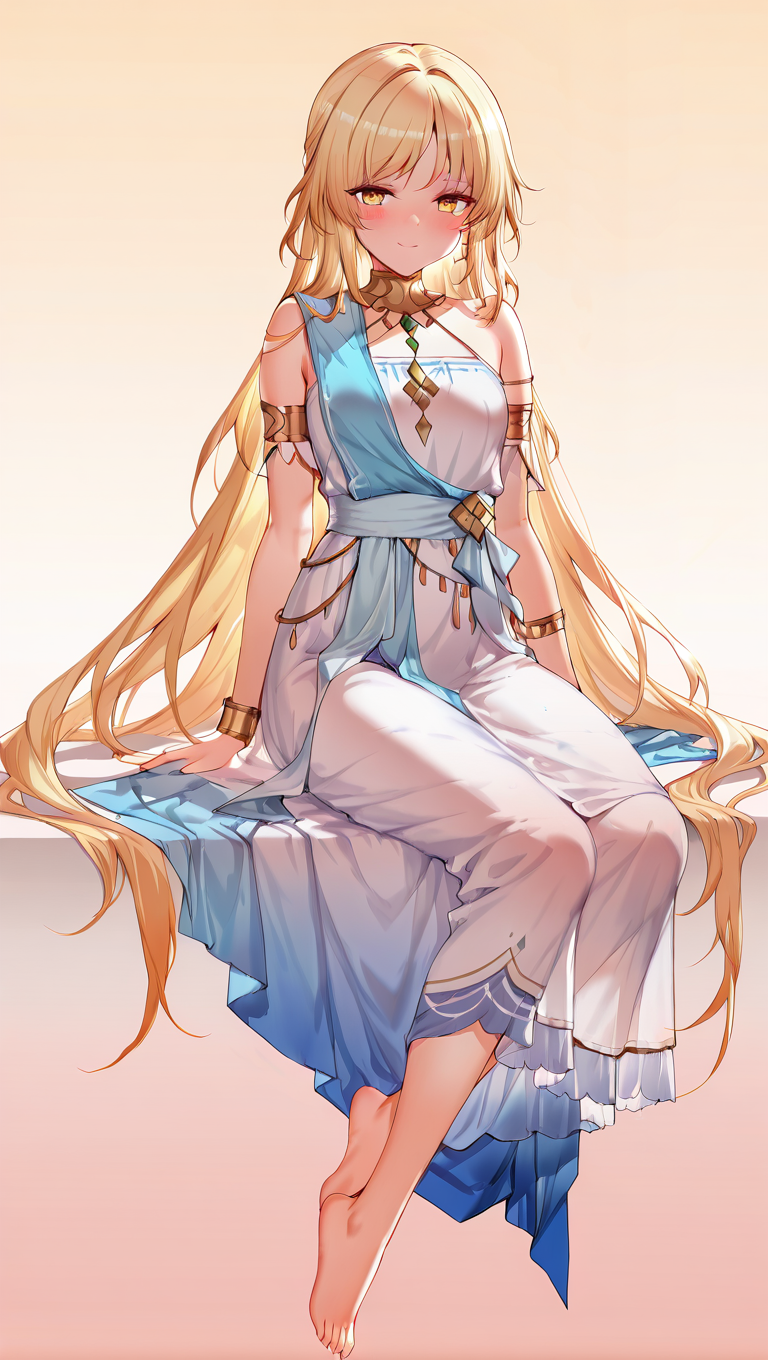 1girl, armlet, bare shoulders, barefoot, blonde hair, blush, closed mouth, dress, gradient, gradient background, jewelry, long hair, looking at viewer, sash, sitting, smile, solo, very long hair, white dress, yellow eyes  <lora:Velvet Canvas:1>