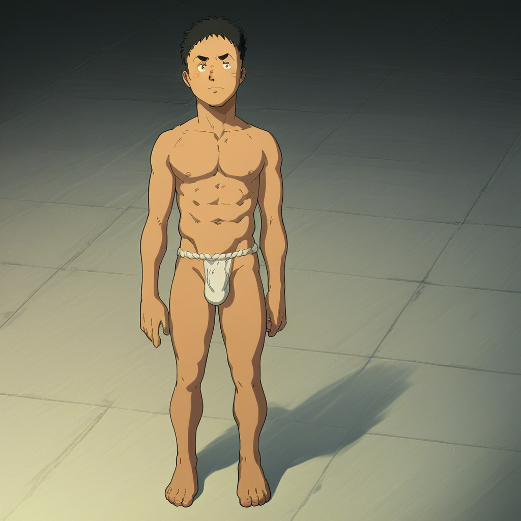 Marcos, 1boy, male focus, solo, short hair, black hair, brown eyes, fundoshi, topless male, Large Bulge, fundoshi,  score_9, score_8_up, score_7_up, score_6_up <lora:vinceteaa_020_04v2-step00000400r:1> good face, good eyes, looking at viewer, full body, standing,
