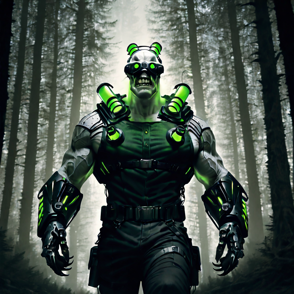 absurdres,newest,best quality,masterpiece,realistic,cinematic,photo,film graiin,HDR,DLSR,solo,1boy,cybermutant,pale skin,glowing green tubes,vr headset,tattered clothing,belts,claws,teeth,walking,cowboy shot,outdoors,forest,trees
