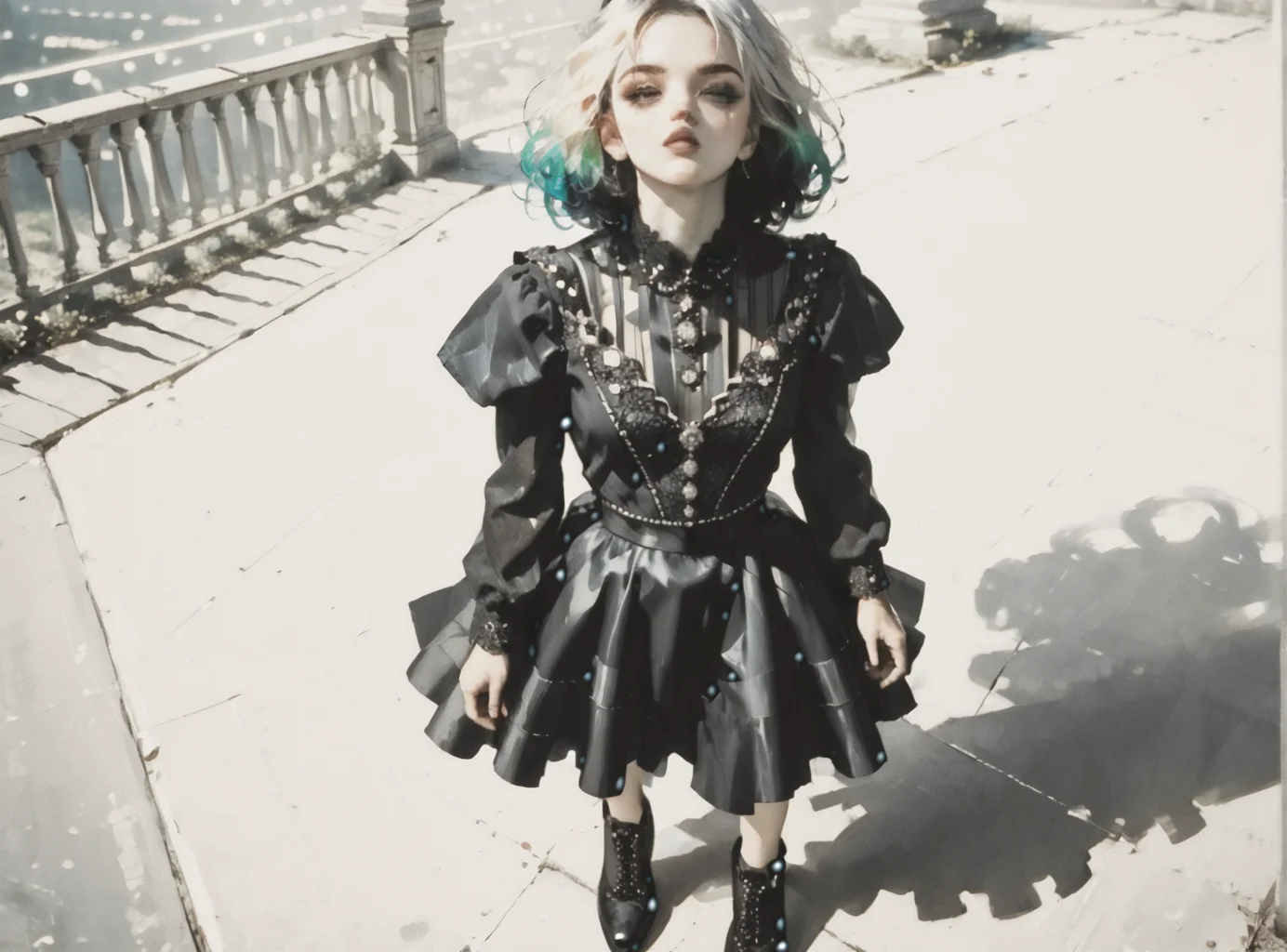 score_9, score_8_up, score_7_up, Fighting scene, shot from above, looking up against all odds, 1girl, pale skin, medium breasts, <lora:sm0k3XLP:1>, <lora:goth_clothes:1>, goth dress, gothic, black dress, detailed dress, black high heeled shoes, neon hair color, two tone hair, <lora:nashidrop:1>, <lora:Dark_Retro_Scifi_Aesthetic:1>,