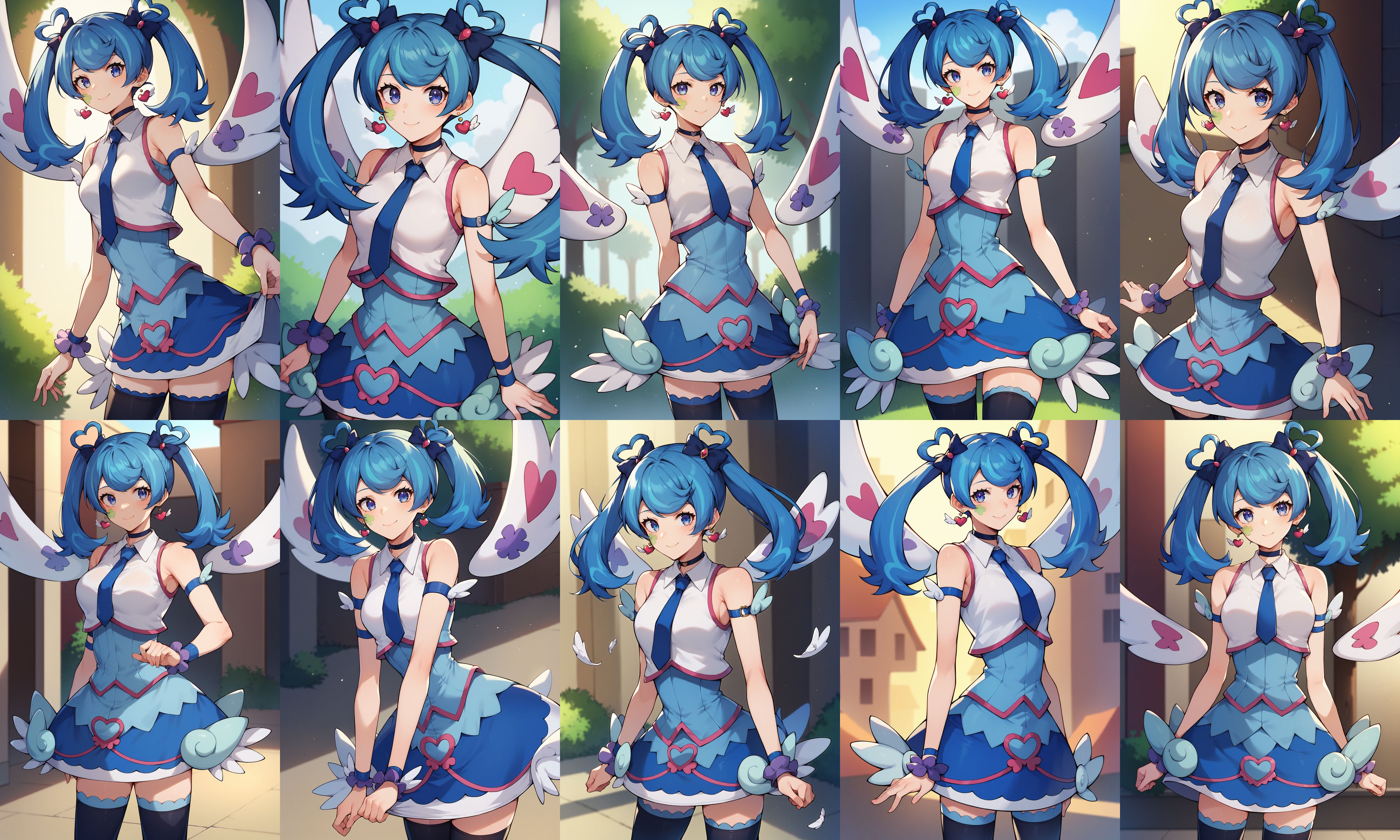 score_9,score_8_up,score_7_up,score_6_up,score_5_up,score_4_up, source_anime, aaangel, twintails, blue hair, hair bow, blue bow, blue eyes, facial mark, heart earrings, wings, heart, choker, blue necktie, sleeveless shirt, white shirt, arm strap, blue skirt, black thighhighs, <lora:blue_angel_XL_v1:0.8>, standing, cowboy shot, smile, outdoors