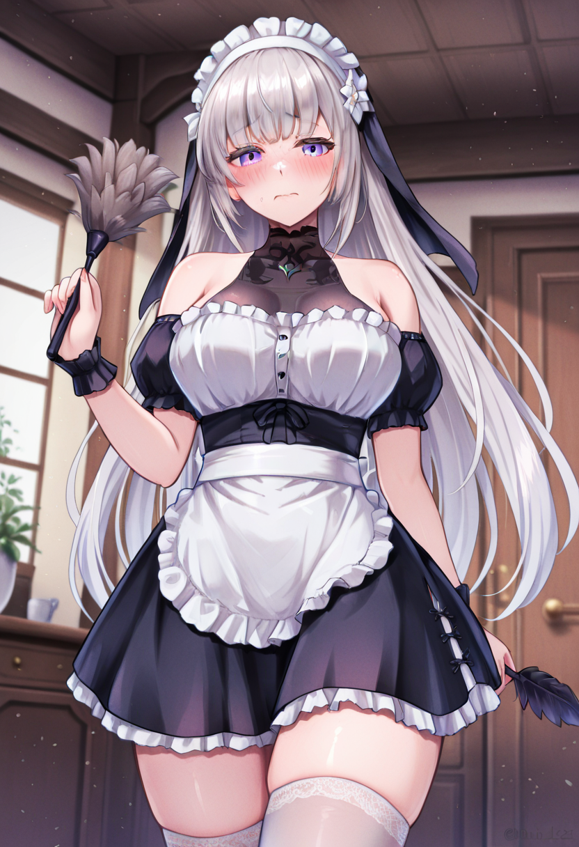<lora:Lilia_Sinisistar_2:1>, 1girl, mature female, Lilia, purple eyes, white hair, medium breasts, large breasts, alternate costume, maid, french maid, waist apron, indoors, holding feather duster, looking at viewer, embarrassed, white thighhighs, 
very awa, masterpiece, best quality, year 2024, newest, absurdres, highres,