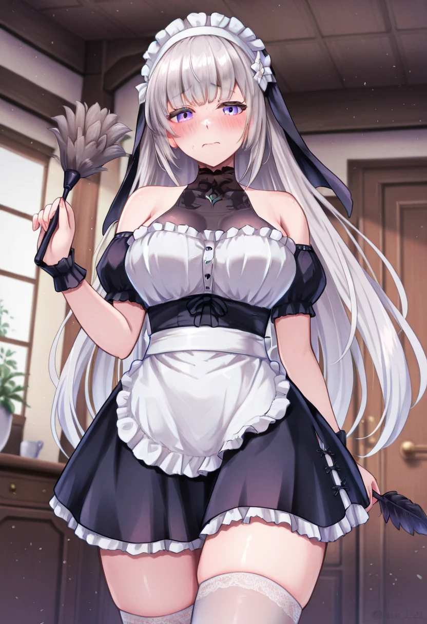 <lora:Lilia_Sinisistar_2:1>, 1girl, mature female, Lilia, purple eyes, white hair, medium breasts, large breasts, alternate costume, maid, french maid, waist apron, indoors, holding feather duster, looking at viewer, embarrassed, white thighhighs,
very awa, masterpiece, best quality, year 2024, newest, absurdres, highres,