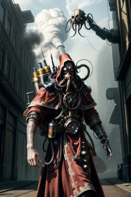 ((masterpiece,best quality)), absurdres, BREAK
mechanical arms, robes, hood, BREAK
((techpriest)), cyborg, mechanical face, mechanical limbs, gas mask, mechanical tentacles, (mechanical backpack), BREAK
1other, solo, holding pistol, firearm, handgun, pistol, gun, BREAK
factory background, smoggy sky, air pollution, smokestacks, BREAK