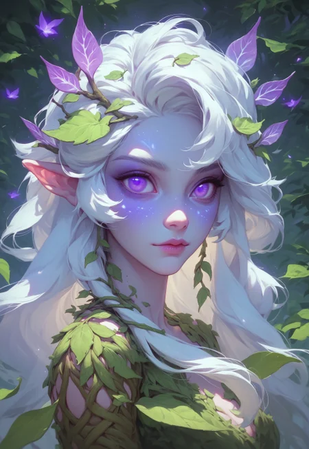 score_9,score_8_up,score_7_up, 1girl, dryad,  , leaf hair, white hair,  glowing purple eyes, solid purple eyes, 