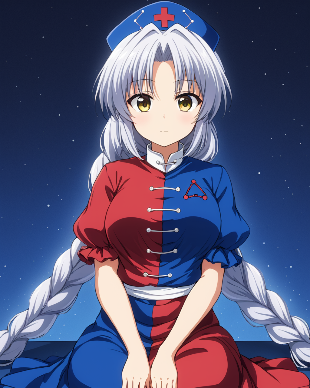 yagokoro eirin,1girl, solo, nurse_cap, sitting, single_braid, dress, bow
<lora:yagokoro_eirin_image2417_2023-12-20-000010:1>,star-shaped_pupils,symbol-shaped_pupils,. gorgeous,key visual, vibrant, studio anime,award-winning, professional, highly detailed,high budget, cinemascope