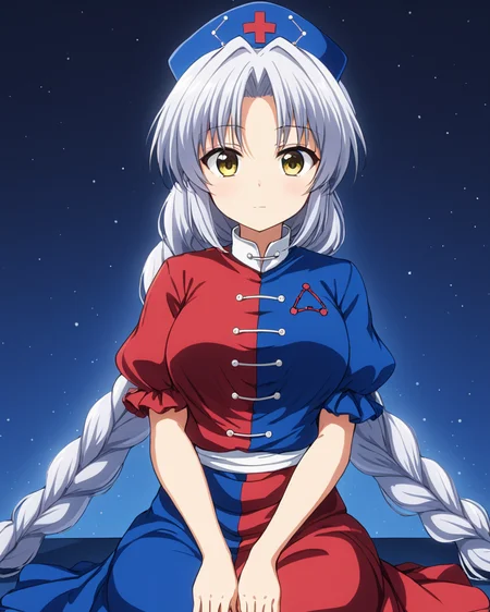 yagokoro eirin,1girl, solo, nurse_cap, sitting, single_braid, dress, bow
<lora:yagokoro_eirin_image2417_2023-12-20-000010:1>,star-shaped_pupils,symbol-shaped_pupils,. gorgeous,key visual, vibrant, studio anime,award-winning, professional, highly detailed,high budget, cinemascope