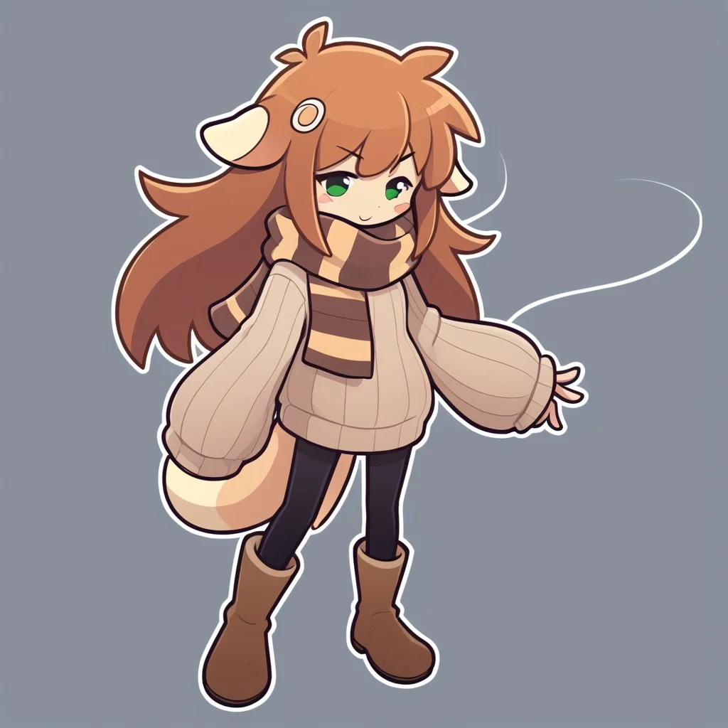 score_9, score_8_up, score_7_up, score_6_up, score_5_up, score_4_up, gretafurret, striped scarf, ribbed sweater, black pantyhose, brown boots, sleeves past fingers, sweater dress, tail, animal ears, long hair, brown hair, standing, looking at viewer, dynamic pose, white outline, simple background