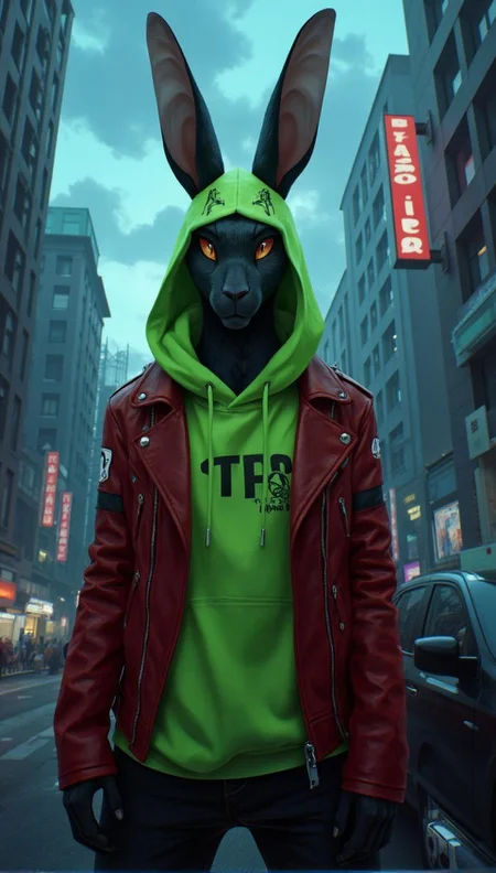 <lora:ck-LttleGhost-000011.safetensors:1> in the style of ck-lttlegh0stIn a cityscape bathed in cool, ethereal light, a striking rabbit stands tall, its realistic form and expressive eyes contrasting with the futuristic neon-green hoodie and crimson leather jacket. The juxtaposition of magical symbols on the hood and the rebellious tone of the outfit create an enigmatic presence against the urban backdrop.